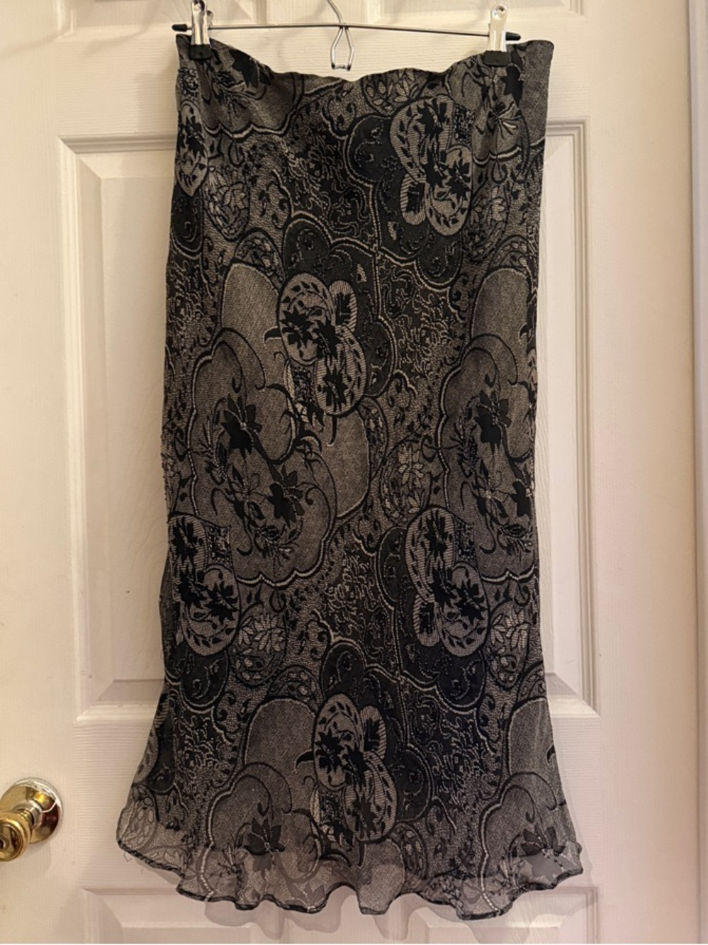 Vintage 90s Black Floral 100% Silk Overlay Midi Skirt - Women XL